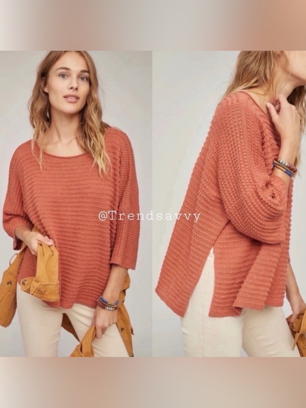 Anthropologie Capri Terracotta Poncho Sweater Dolman Open Knit Boho Relaxed XS/S